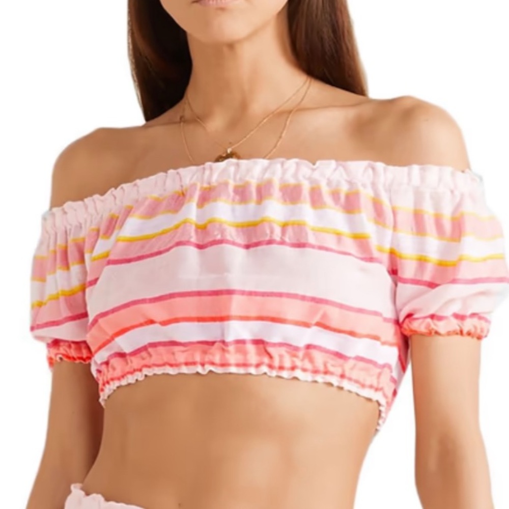 Lemlem Pink and Yellow Striped Off-Shoulder Crop Top